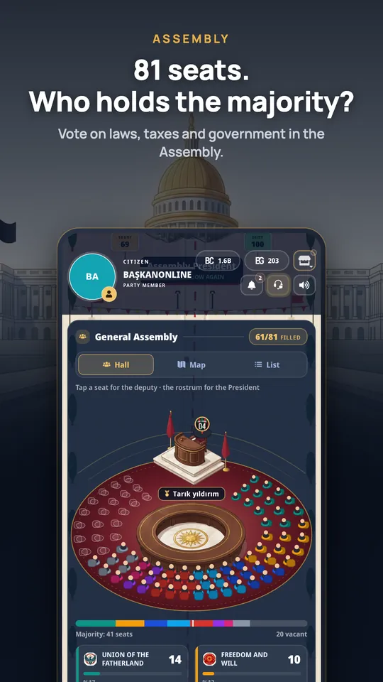 Assembly: 81 seats. Who holds the majority?